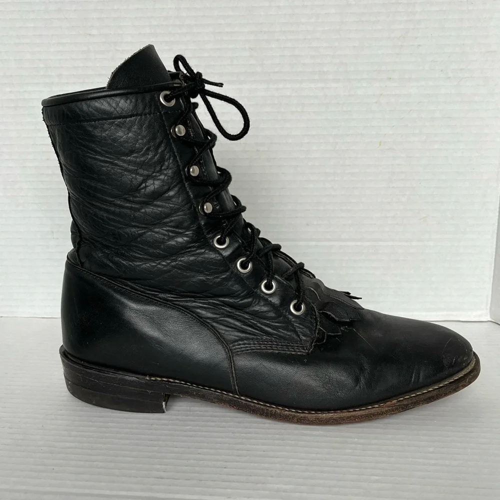 Justin Western Roper Kiltie Boots Women Size 9 B Black Leather Lace Up L0620 - Picture 5 of 11